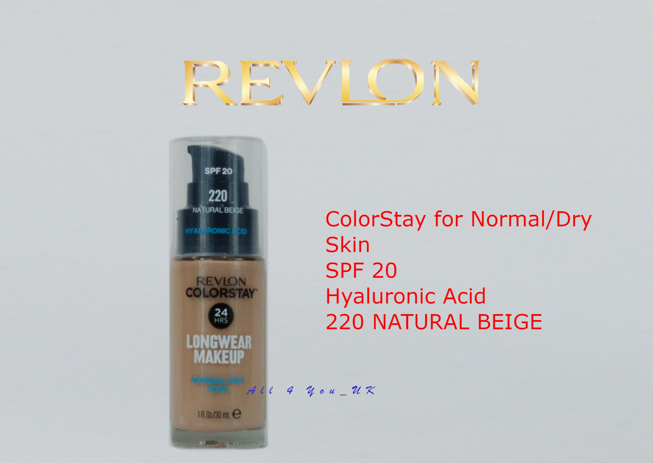 Revlon ColorStay Foundation for Normal/Dry Skin SPF 20 Hyaluronic Acid -220 Natural Beige